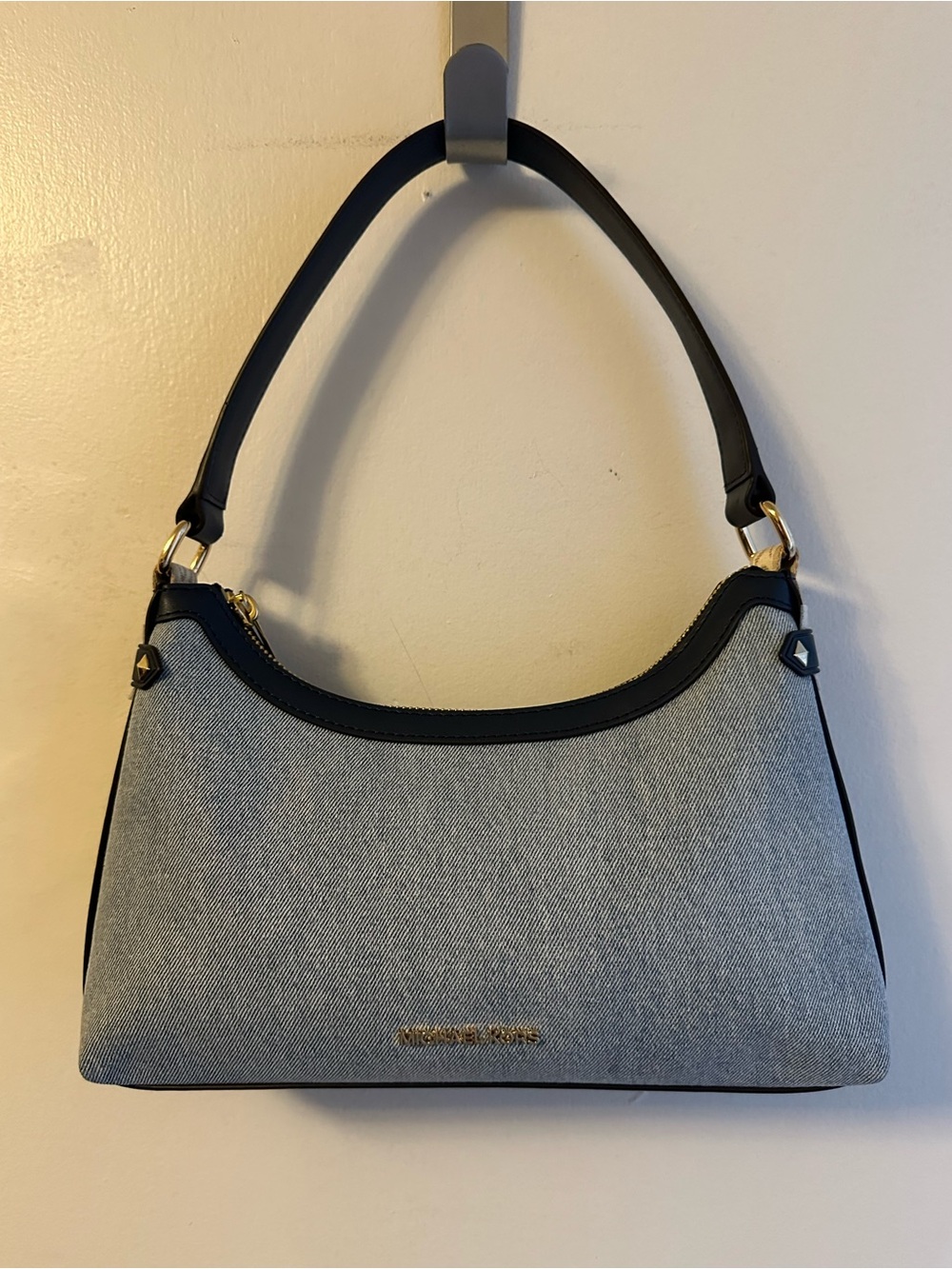 Michael Kors Light Blue Denim Shoulder Hobo Bag with Navy Leather Trim